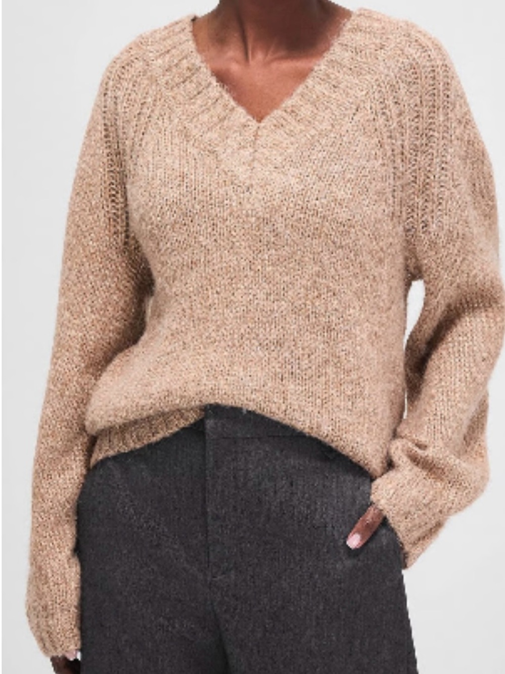 NWT ZARA Oversized Alpaca-Blend V-Neck Sweater Marl Beige Size S-M